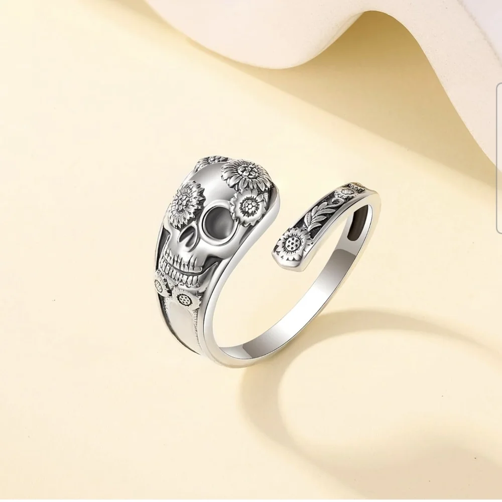 Silver Skull Spoon Ring with Floral Detail - Adjustable - Picture 4 of 6